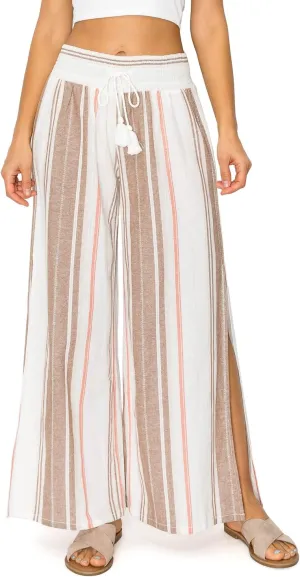 Cali1850 Women's Casual Linen Pants - Smocked Waist Oceanside Lounge Beach Trousers with Pockets