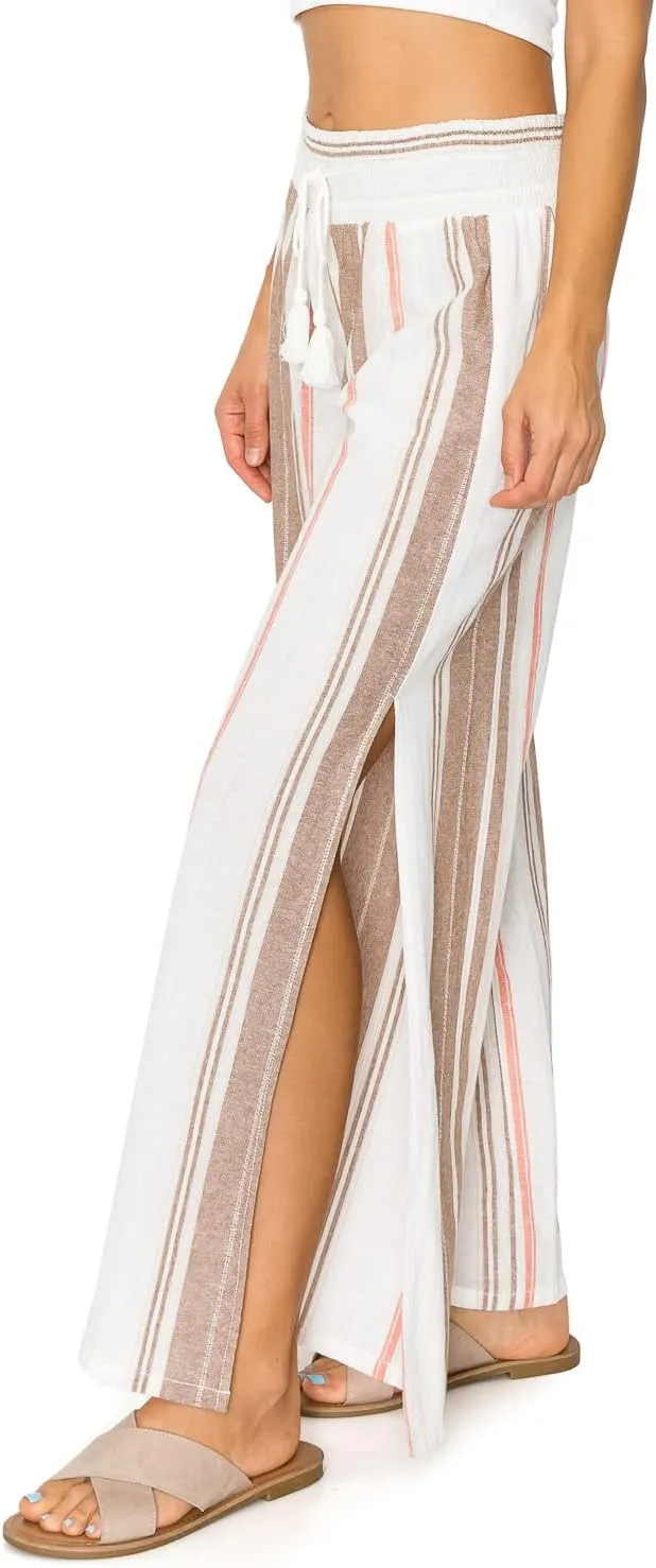 Cali1850 Women's Casual Linen Pants - Smocked Waist Oceanside Lounge Beach Trousers with Pockets