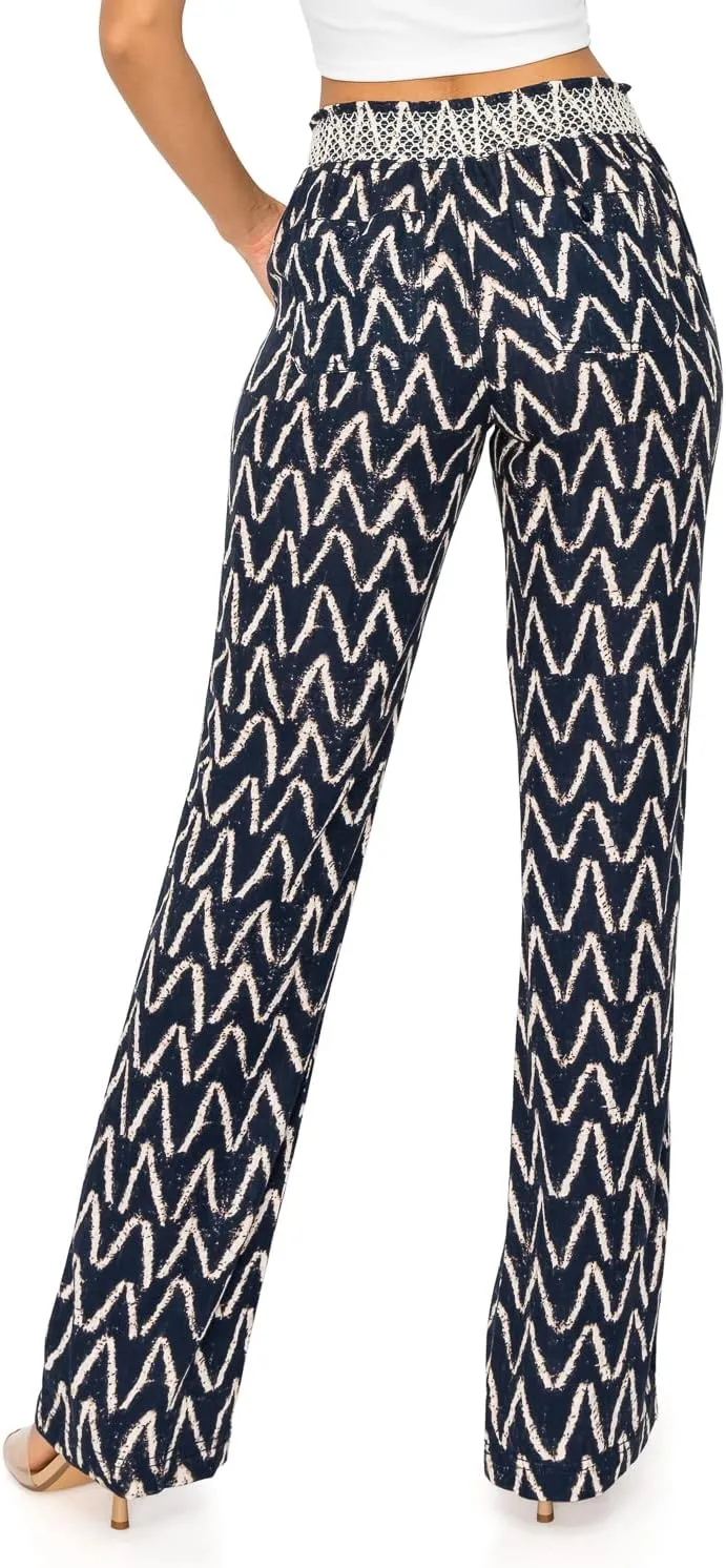 Cali1850 Women's Casual Linen Pants - Smocked Waist Oceanside Lounge Beach Trousers with Pockets