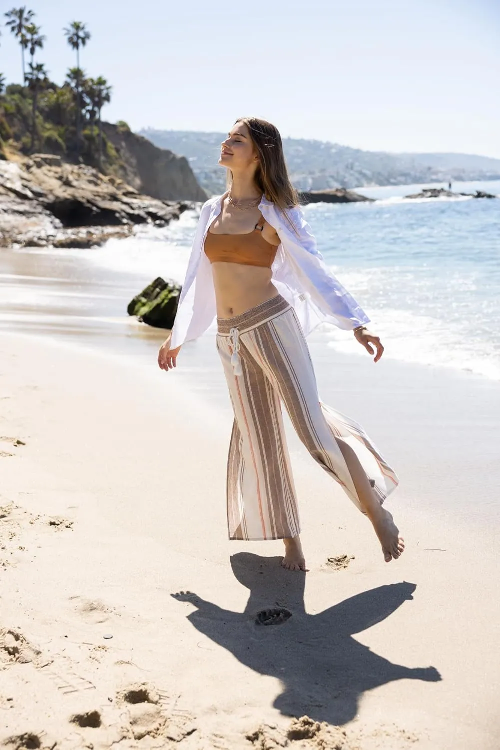 Cali1850 Women's Casual Linen Pants - Smocked Waist Oceanside Lounge Beach Trousers with Pockets