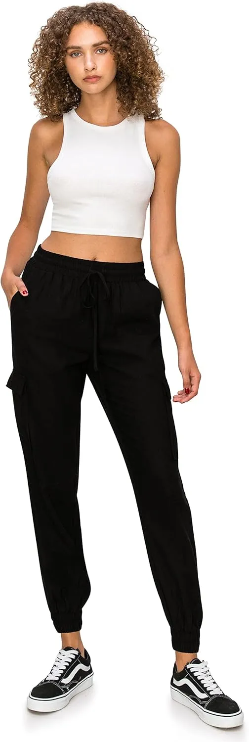 Cali1850 Women's Linen Joggers Pants - Oceanside Drawstring Elastic Waist Casual Lounge Tapered Leg Trousers with Pockets