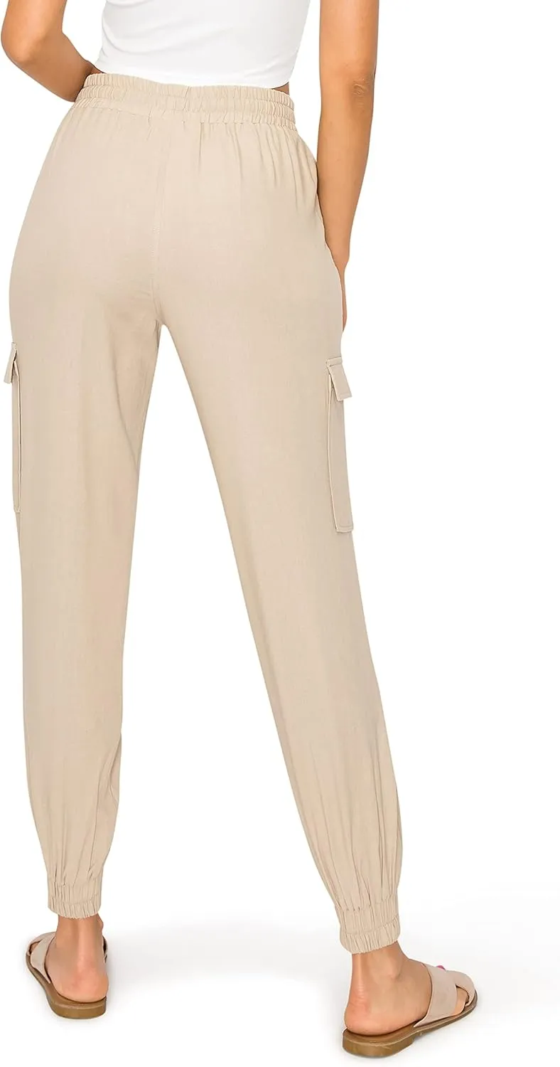 Cali1850 Women's Linen Joggers Pants - Oceanside Drawstring Elastic Waist Casual Lounge Tapered Leg Trousers with Pockets