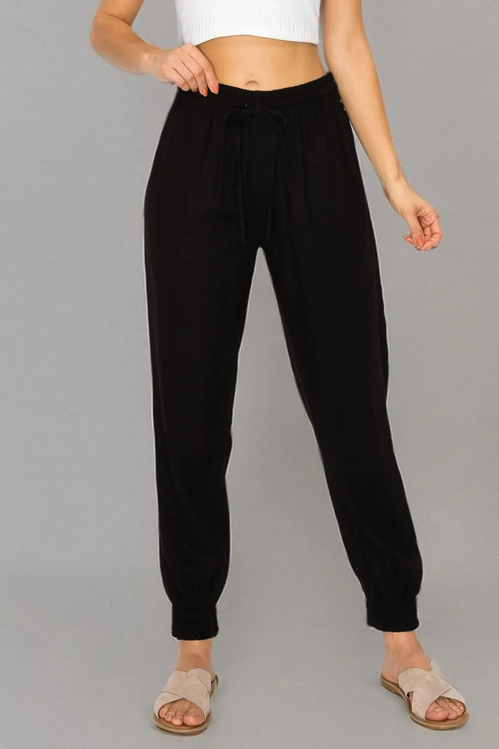 Cali1850 Women's Linen Joggers Pants - Oceanside Drawstring Elastic Waist Casual Lounge Tapered Leg Trousers with Pockets