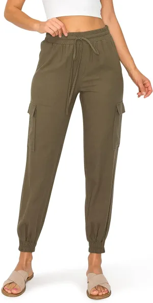 Cali1850 Women's Linen Joggers Pants - Oceanside Drawstring Elastic Waist Casual Lounge Tapered Leg Trousers with Pockets