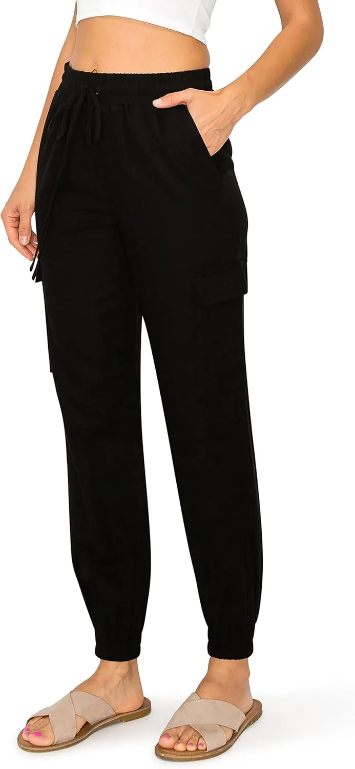 Cali1850 Women's Linen Joggers Pants - Oceanside Drawstring Elastic Waist Casual Lounge Tapered Leg Trousers with Pockets