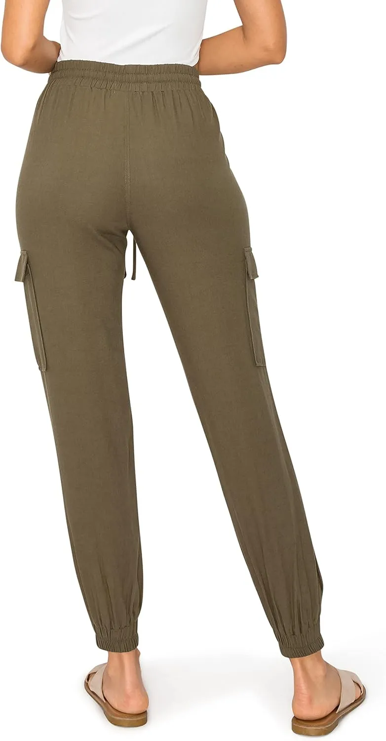 Cali1850 Women's Linen Joggers Pants - Oceanside Drawstring Elastic Waist Casual Lounge Tapered Leg Trousers with Pockets