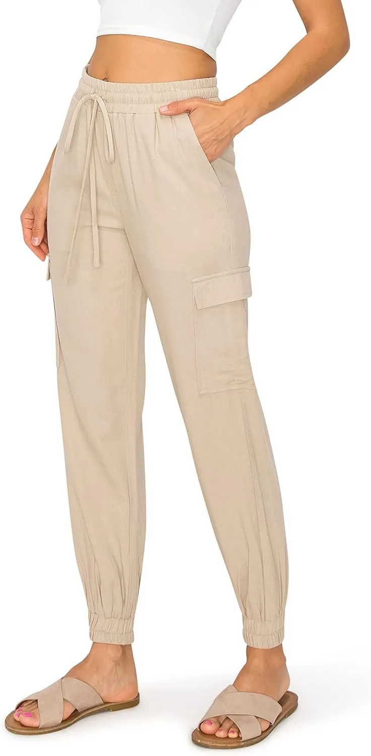 Cali1850 Women's Linen Joggers Pants - Oceanside Drawstring Elastic Waist Casual Lounge Tapered Leg Trousers with Pockets