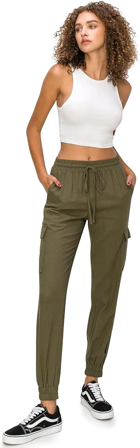 Cali1850 Women's Linen Joggers Pants - Oceanside Drawstring Elastic Waist Casual Lounge Tapered Leg Trousers with Pockets