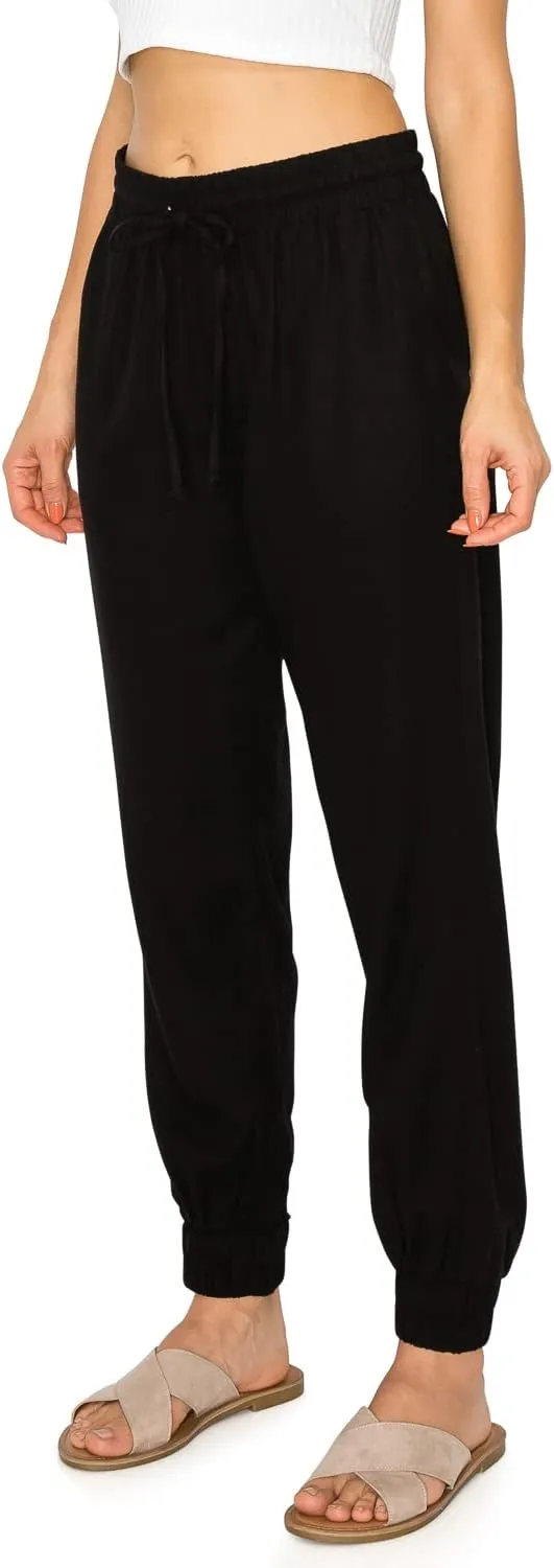 Cali1850 Women's Linen Joggers Pants - Oceanside Drawstring Elastic Waist Casual Lounge Tapered Leg Trousers with Pockets