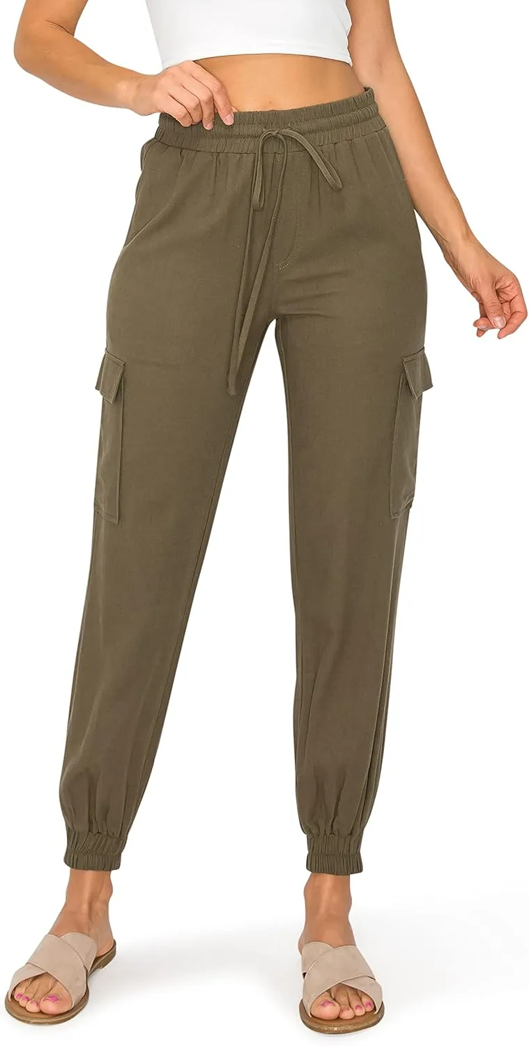 Cali1850 Women's Linen Joggers Pants - Oceanside Drawstring Elastic Waist Casual Lounge Tapered Leg Trousers with Pockets