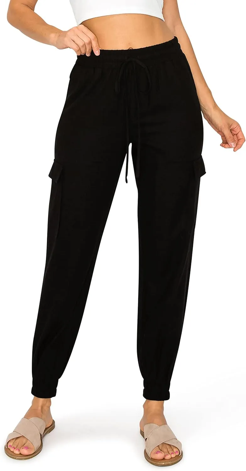 Cali1850 Women's Linen Joggers Pants - Oceanside Drawstring Elastic Waist Casual Lounge Tapered Leg Trousers with Pockets
