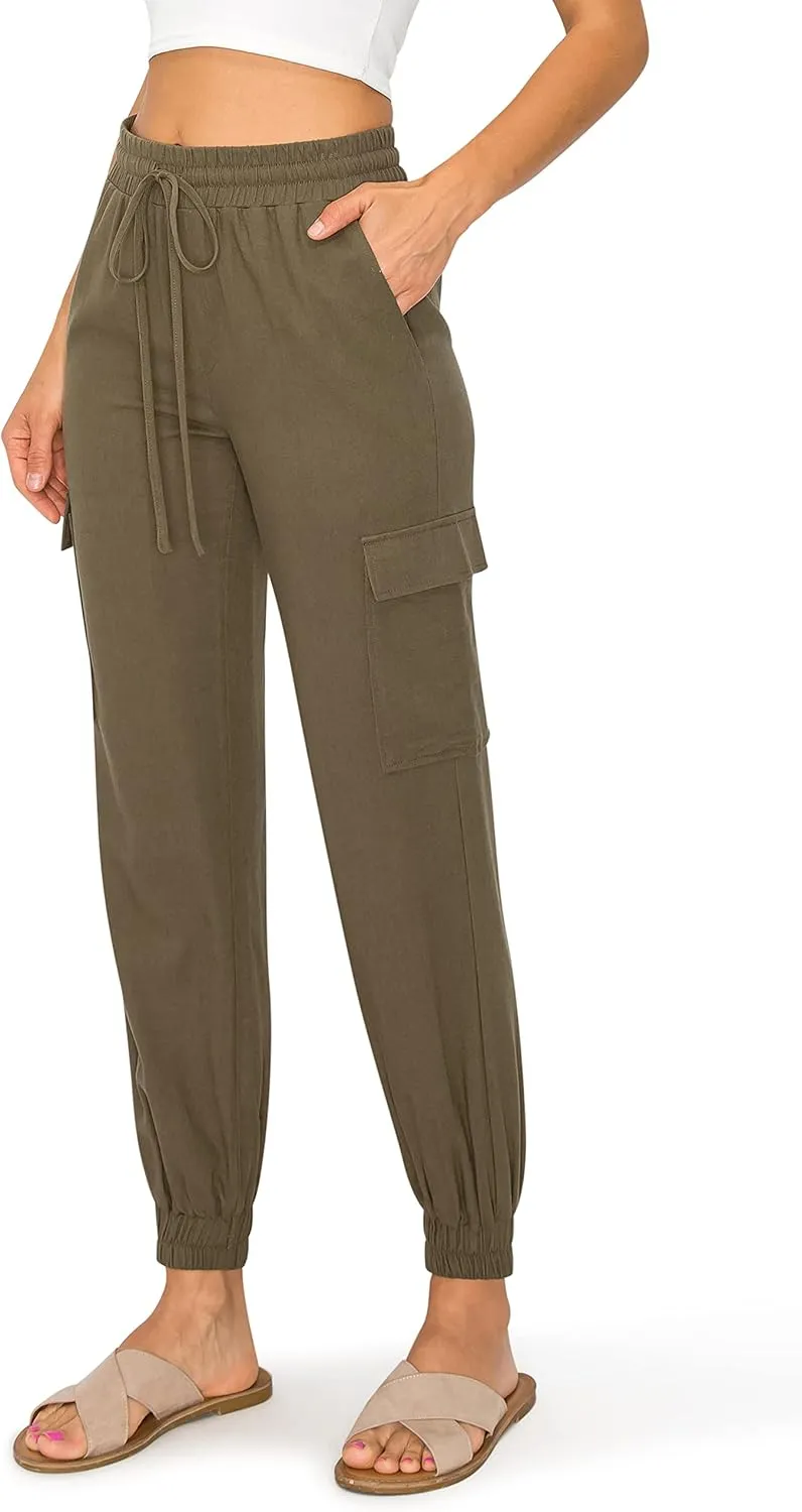 Cali1850 Women's Linen Joggers Pants - Oceanside Drawstring Elastic Waist Casual Lounge Tapered Leg Trousers with Pockets