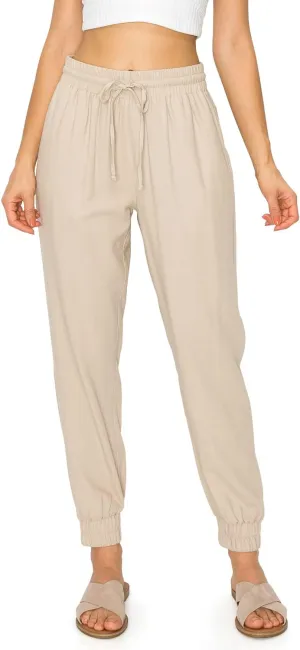 Cali1850 Women's Linen Joggers Pants - Oceanside Drawstring Elastic Waist Casual Lounge Tapered Leg Trousers with Pockets