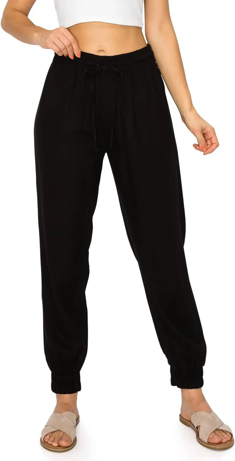 Cali1850 Women's Linen Joggers Pants - Oceanside Drawstring Elastic Waist Casual Lounge Tapered Leg Trousers with Pockets
