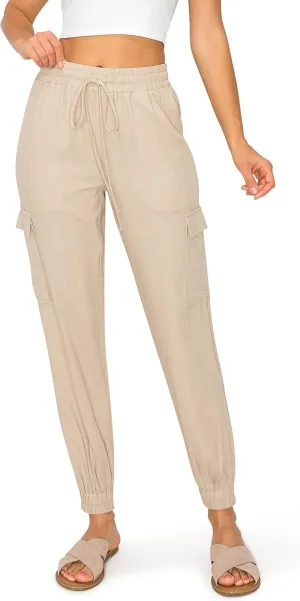 Cali1850 Women's Linen Joggers Pants - Oceanside Drawstring Elastic Waist Casual Lounge Tapered Leg Trousers with Pockets