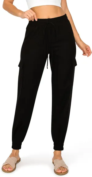 Cali1850 Women's Linen Joggers Pants - Oceanside Drawstring Elastic Waist Casual Lounge Tapered Leg Trousers with Pockets