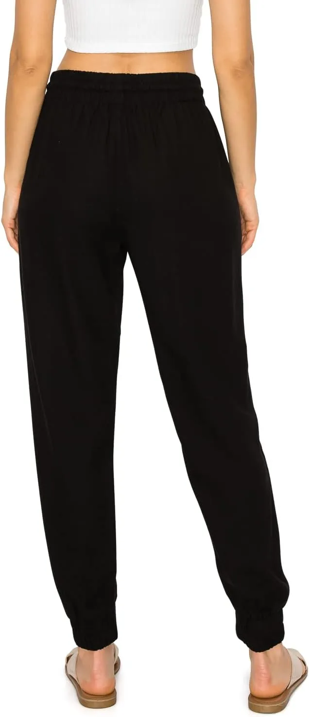 Cali1850 Women's Linen Joggers Pants - Oceanside Drawstring Elastic Waist Casual Lounge Tapered Leg Trousers with Pockets