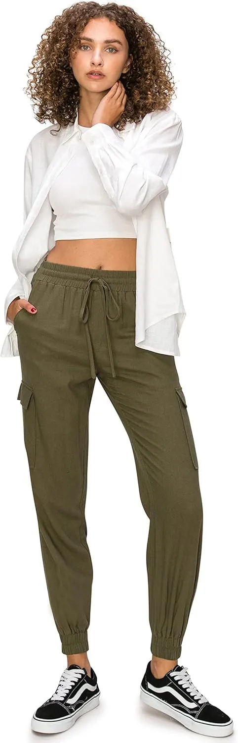 Cali1850 Women's Linen Joggers Pants - Oceanside Drawstring Elastic Waist Casual Lounge Tapered Leg Trousers with Pockets