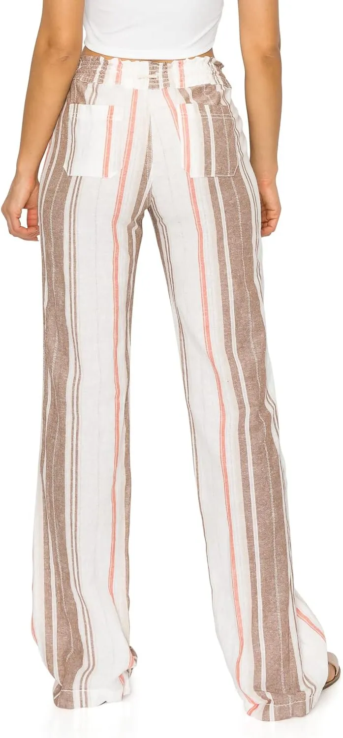 Cali1850 Women's Print Linen Pants - 32" Inseam Oceanside Drawstring Smocked Waist Casual Lounge Beach Trousers with Pockets