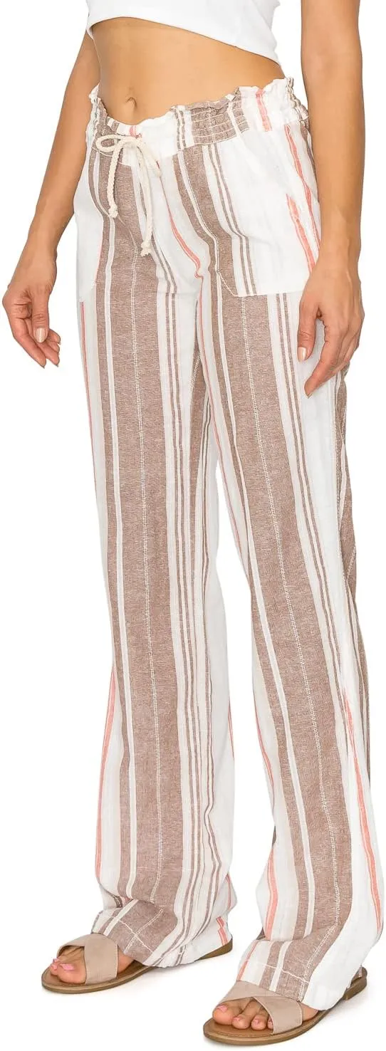 Cali1850 Women's Print Linen Pants - 32" Inseam Oceanside Drawstring Smocked Waist Casual Lounge Beach Trousers with Pockets