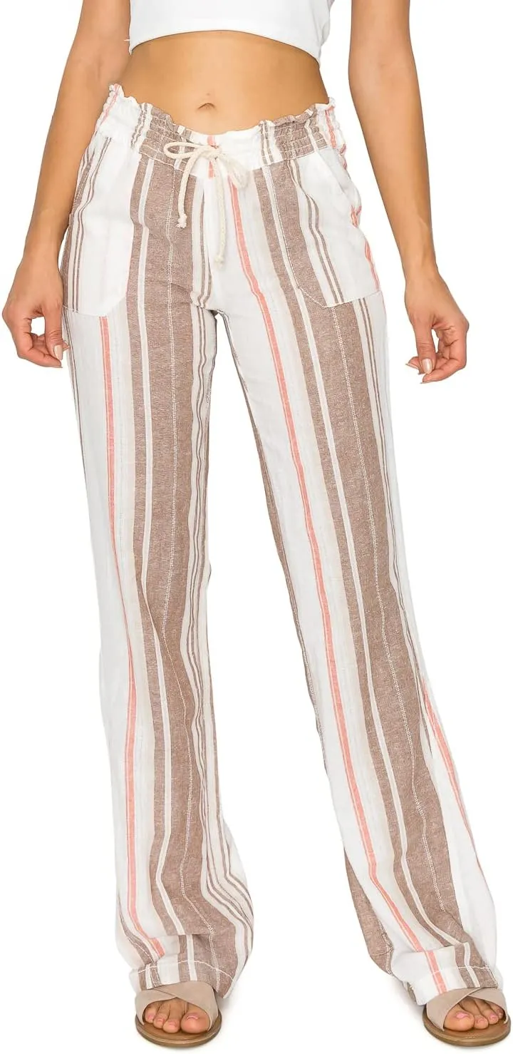 Cali1850 Women's Print Linen Pants - 32" Inseam Oceanside Drawstring Smocked Waist Casual Lounge Beach Trousers with Pockets