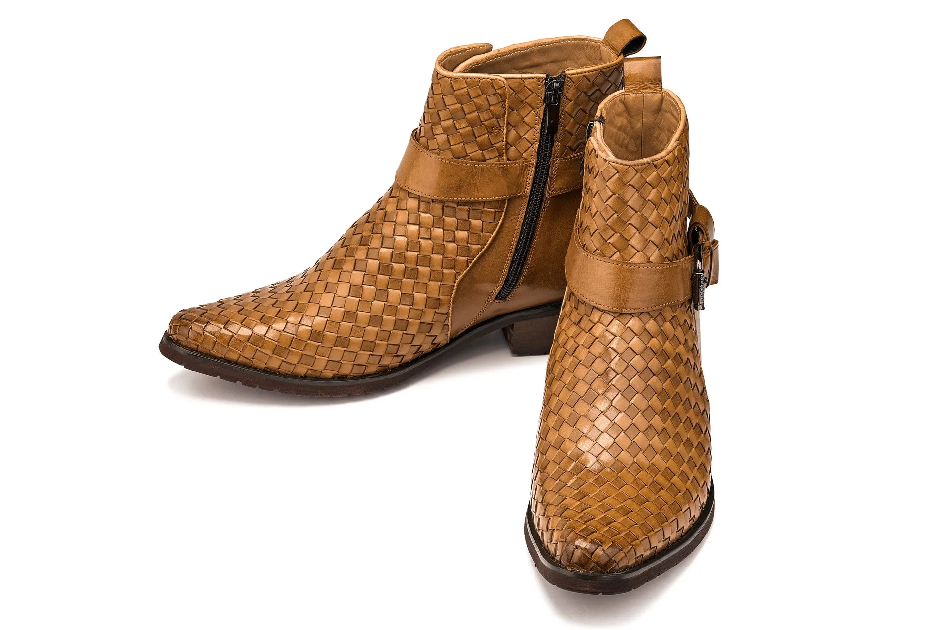 CALTO - K30524 - 3.3 Inches Taller (Light Brown) - Woven Buckle High-Top Ankle Zip-Up Boots