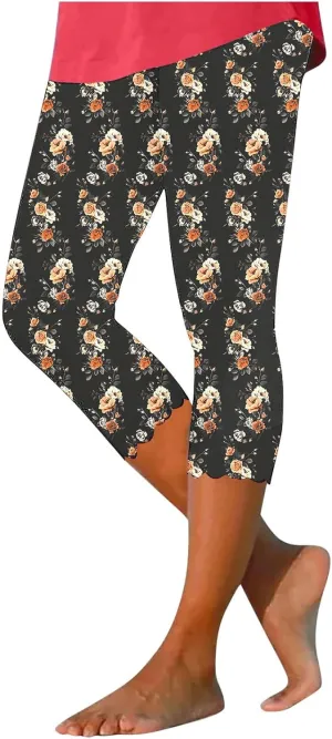Capri Leggings for Women Floral Print High Waist Capris Pants Tummy Control Knee Length Slim Fit Yoga Trouser 2025
