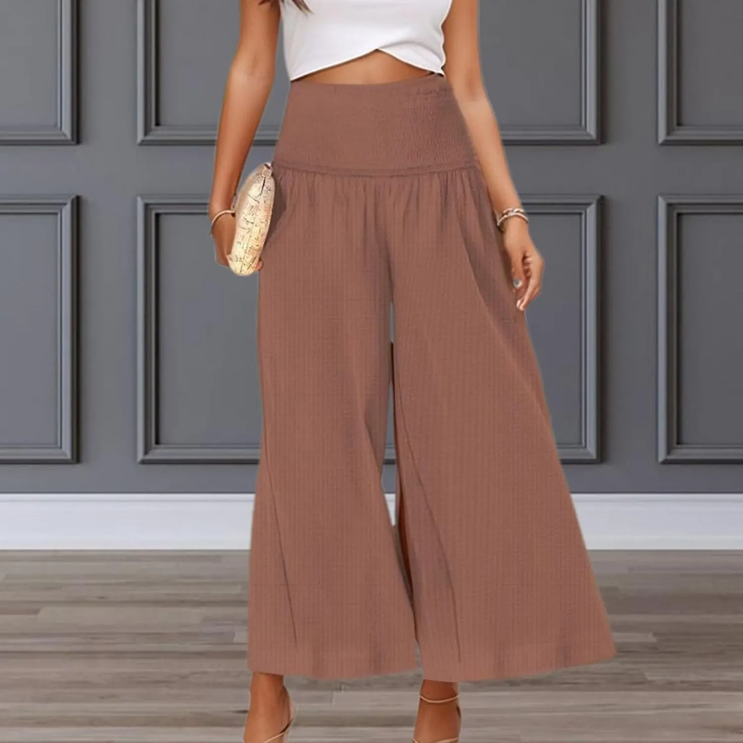 Capri Pants for Women 2025 Summer Casual High Waisted Flowy Wide Leg Pant Loose Fit Smocked Cropped Lounge Trousers