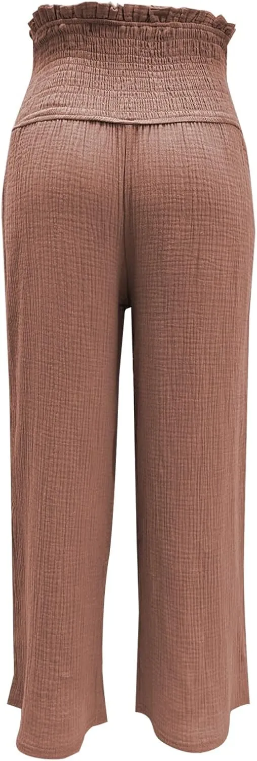 Capri Pants for Women 2025 Summer Casual High Waisted Flowy Wide Leg Pant Loose Fit Smocked Cropped Lounge Trousers