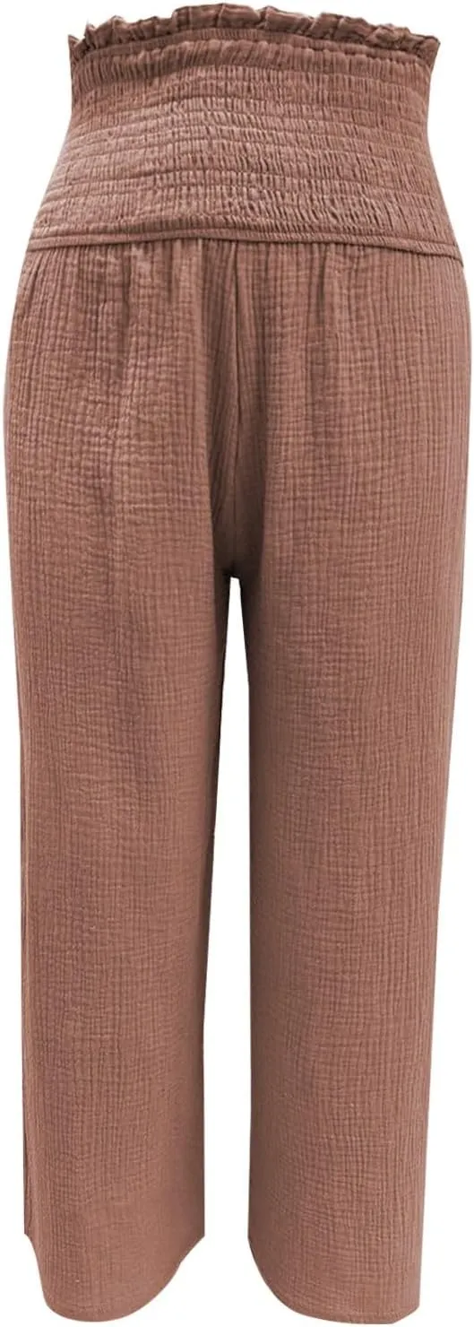 Capri Pants for Women 2025 Summer Casual High Waisted Flowy Wide Leg Pant Loose Fit Smocked Cropped Lounge Trousers