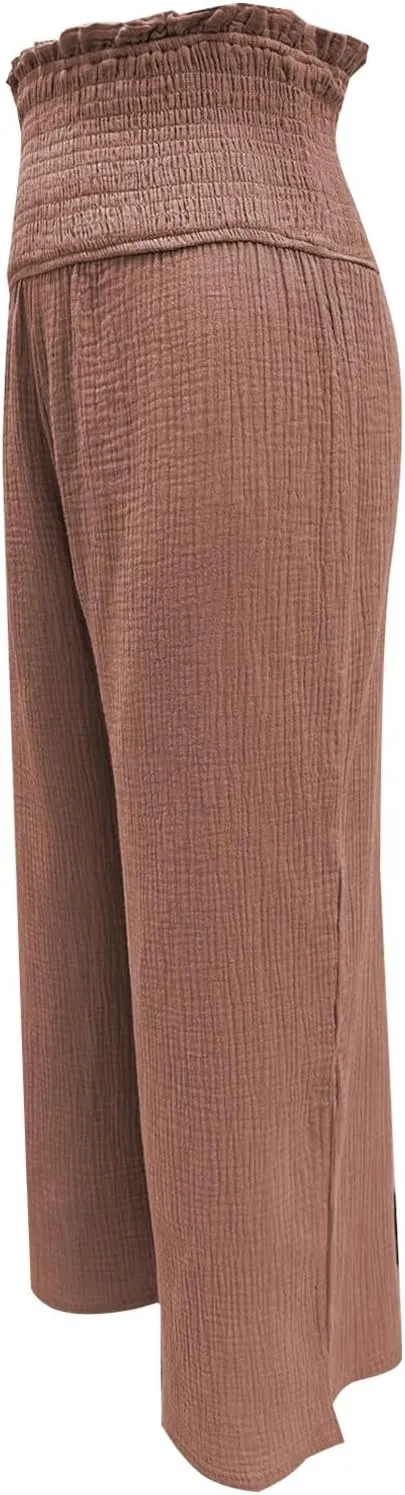 Capri Pants for Women 2025 Summer Casual High Waisted Flowy Wide Leg Pant Loose Fit Smocked Cropped Lounge Trousers