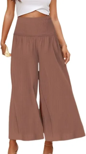 Capri Pants for Women 2025 Summer Casual High Waisted Flowy Wide Leg Pant Loose Fit Smocked Cropped Lounge Trousers