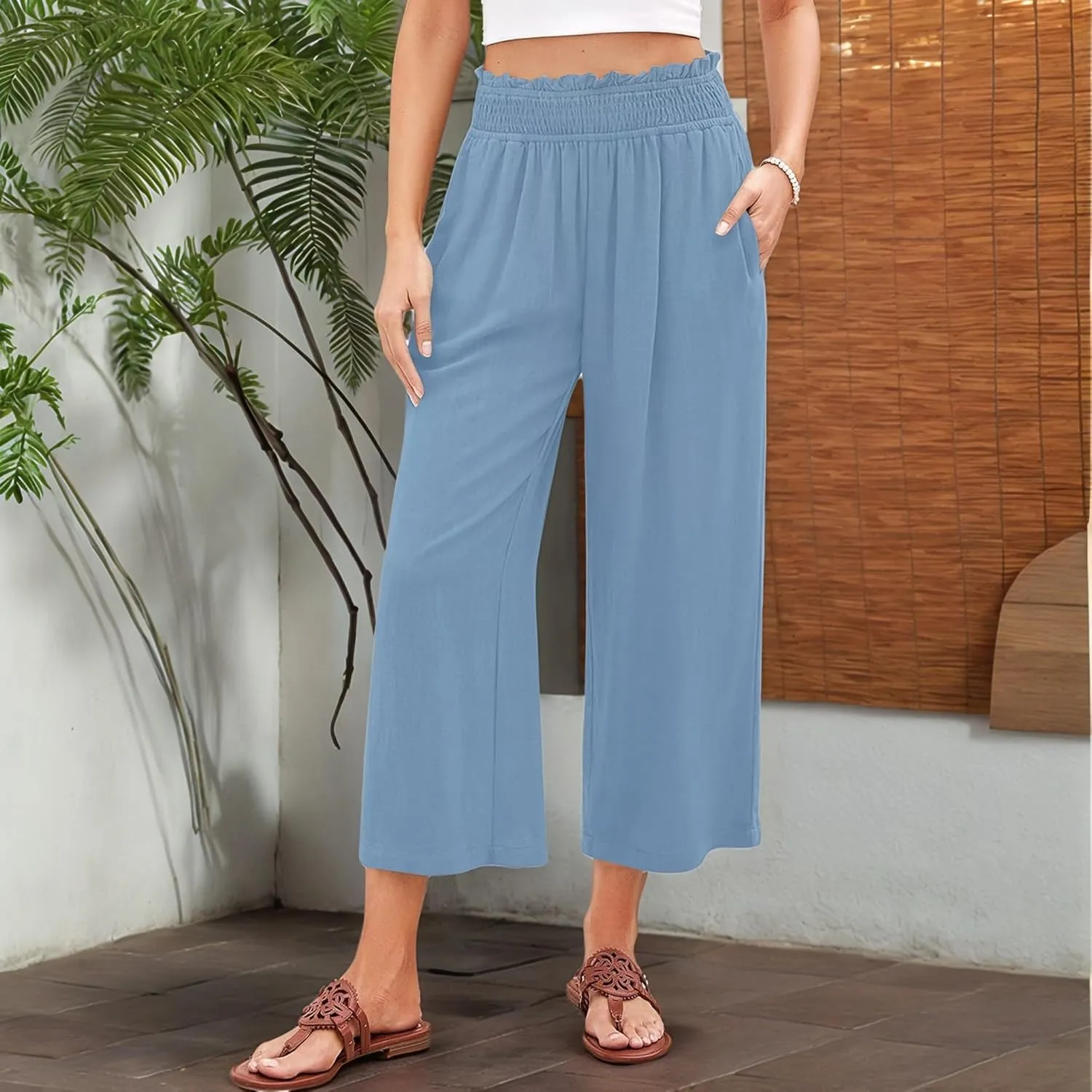 Capri Pants for Women High Waisted Wide Leg Linen Pants Elastic Smock Waist Flowy Palazzo Pant Summer Beach Pant