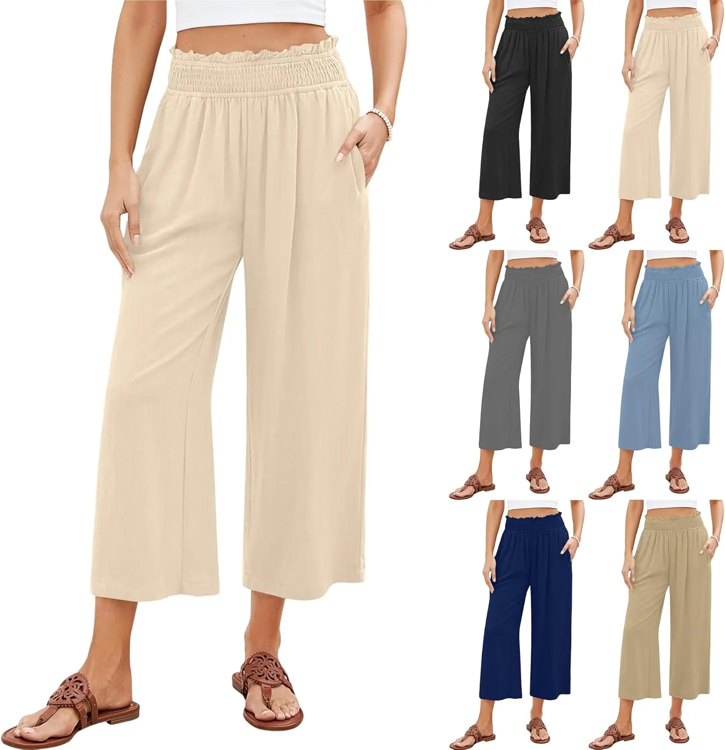 Capri Pants for Women High Waisted Wide Leg Linen Pants Elastic Smock Waist Flowy Palazzo Pant Summer Beach Pant