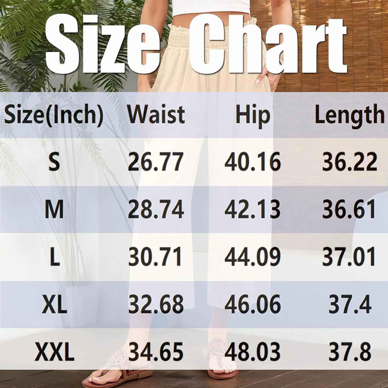 Capri Pants for Women High Waisted Wide Leg Linen Pants Elastic Smock Waist Flowy Palazzo Pant Summer Beach Pant