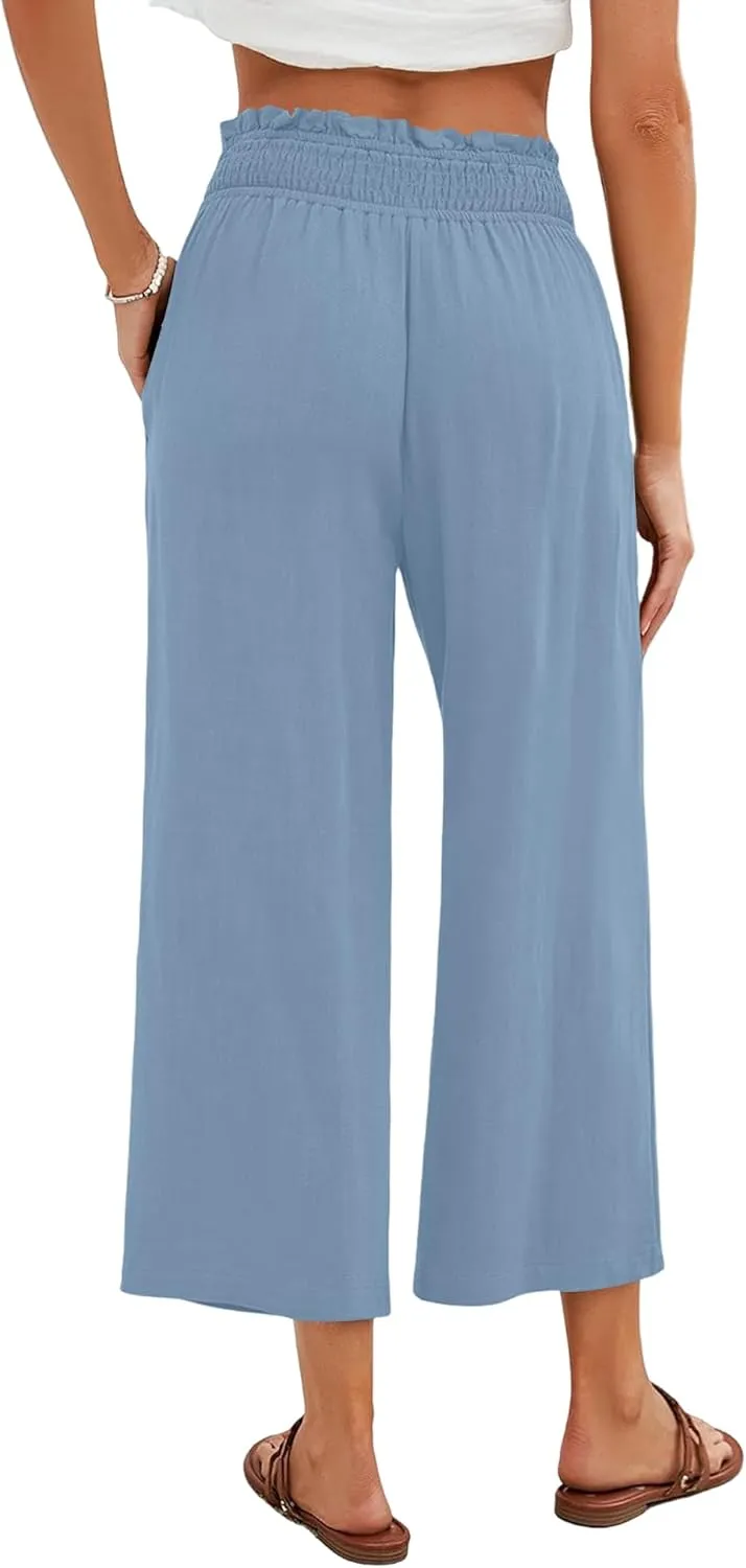 Capri Pants for Women High Waisted Wide Leg Linen Pants Elastic Smock Waist Flowy Palazzo Pant Summer Beach Pant