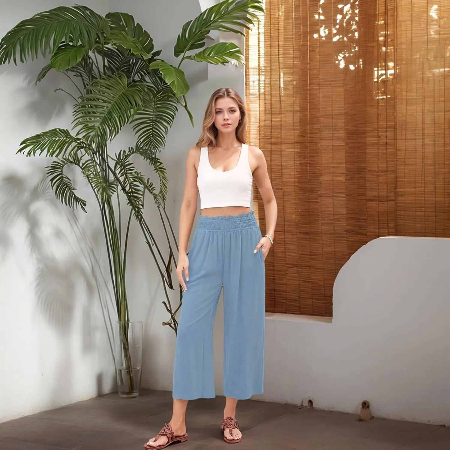 Capri Pants for Women High Waisted Wide Leg Linen Pants Elastic Smock Waist Flowy Palazzo Pant Summer Beach Pant