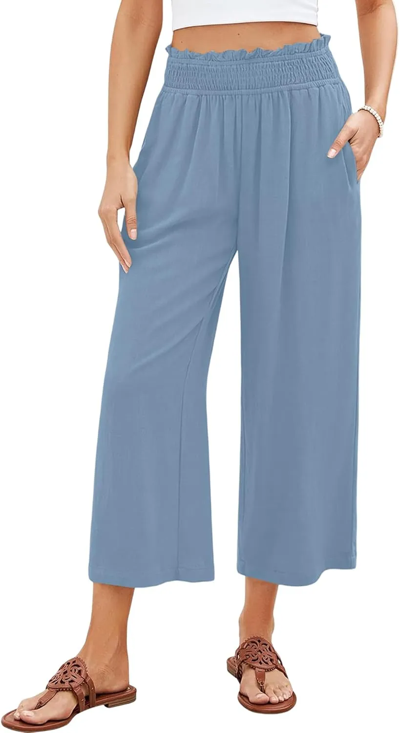 Capri Pants for Women High Waisted Wide Leg Linen Pants Elastic Smock Waist Flowy Palazzo Pant Summer Beach Pant