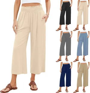 Capri Pants for Women High Waisted Wide Leg Linen Pants Elastic Smock Waist Flowy Palazzo Pant Summer Beach Pant