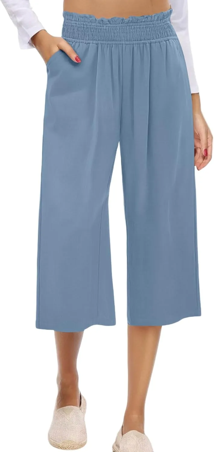 Capri Pants for Women High Waisted Wide Leg Linen Pants Elastic Smock Waist Flowy Palazzo Pant Summer Beach Pant