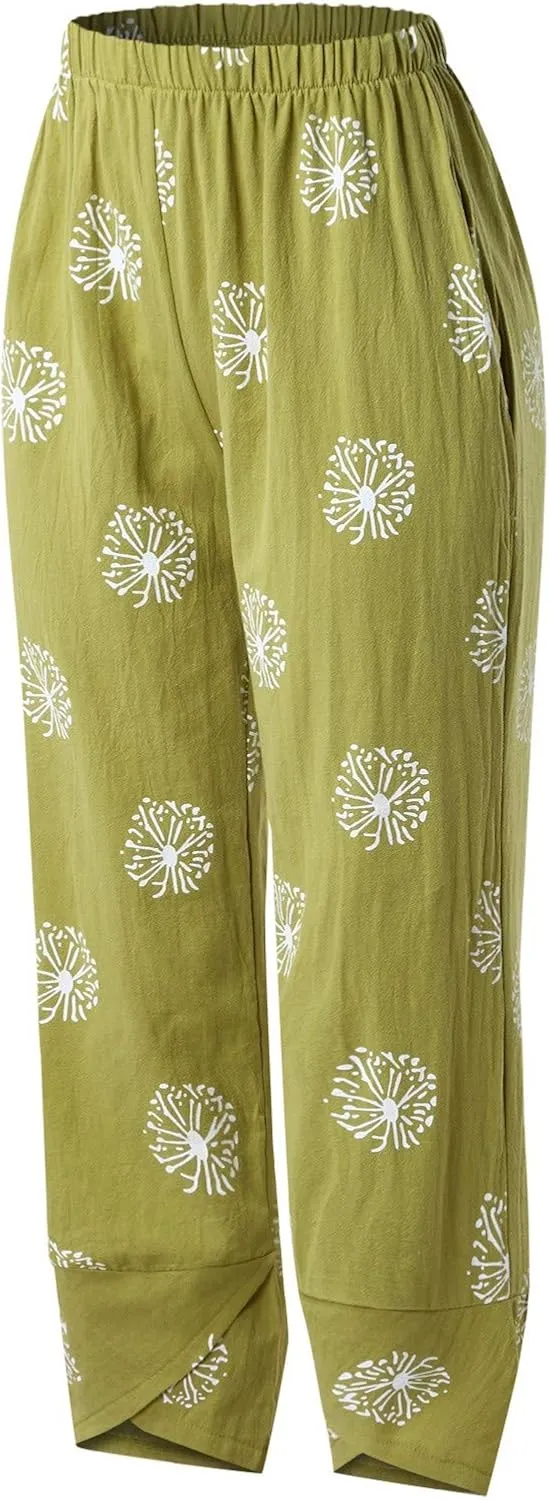 Capri Pants for Women Palazzo Lounge Pants Wide Leg Printed Cropped Bottoms Baggy Trousers Sweatpants with Pockets