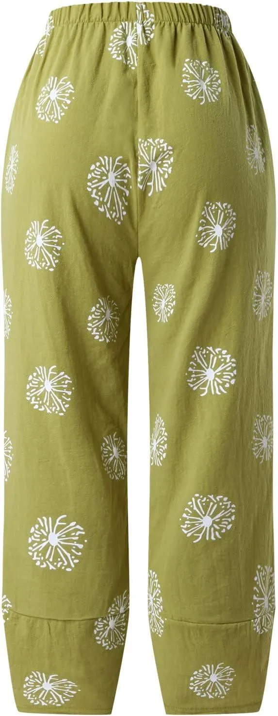 Capri Pants for Women Palazzo Lounge Pants Wide Leg Printed Cropped Bottoms Baggy Trousers Sweatpants with Pockets