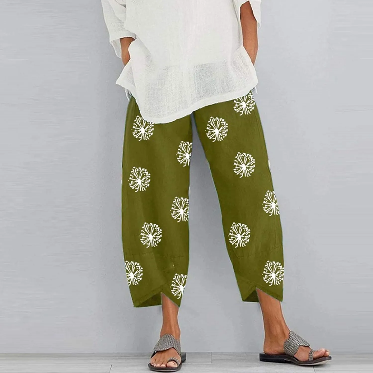 Capri Pants for Women Palazzo Lounge Pants Wide Leg Printed Cropped Bottoms Baggy Trousers Sweatpants with Pockets