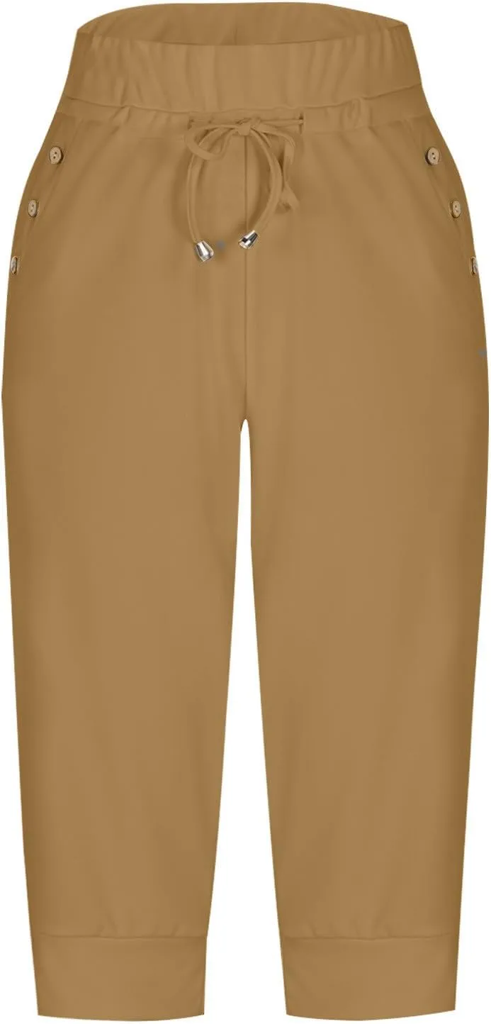 Capri Pants for Women Stretch High Waisted Yoga Pants Casual Summer Drawstring Capris Cropped Trousers with Pockets