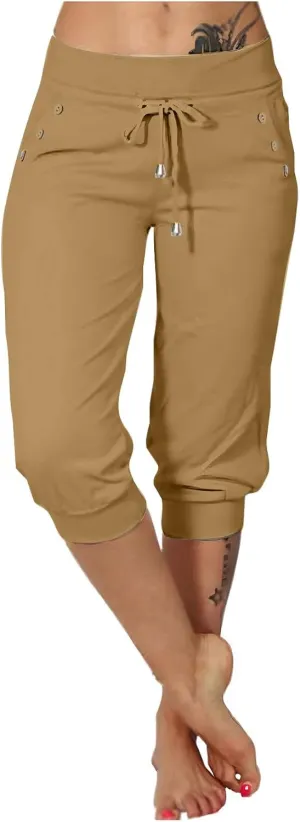 Capri Pants for Women Stretch High Waisted Yoga Pants Casual Summer Drawstring Capris Cropped Trousers with Pockets