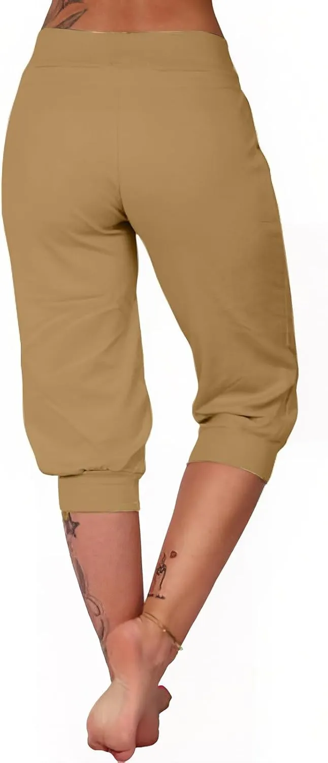 Capri Pants for Women Stretch High Waisted Yoga Pants Casual Summer Drawstring Capris Cropped Trousers with Pockets