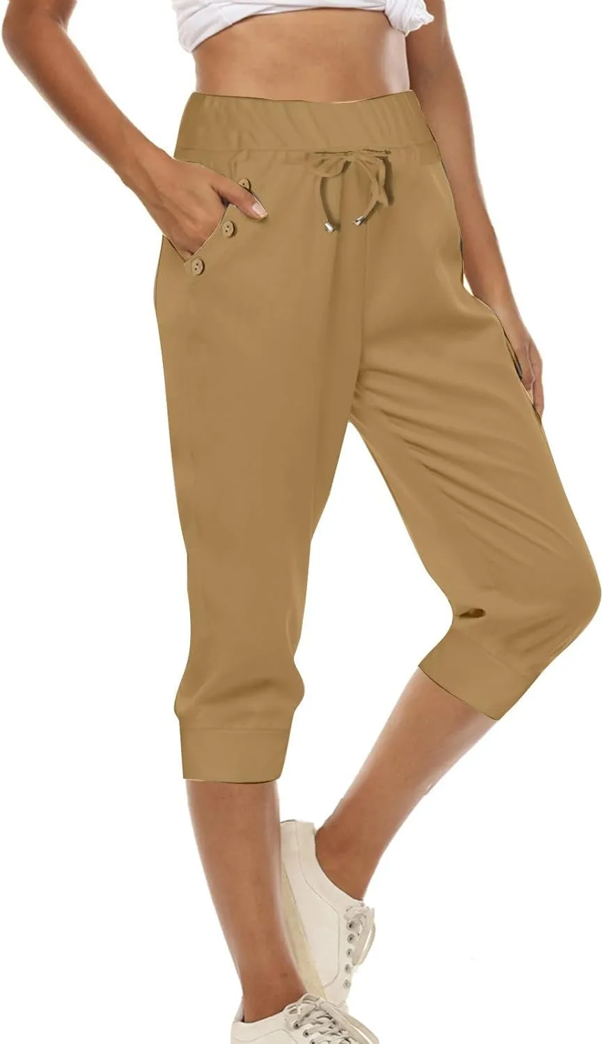 Capri Pants for Women Stretch High Waisted Yoga Pants Casual Summer Drawstring Capris Cropped Trousers with Pockets