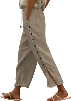 Capris Pants for Women Cotton Linen Summer Casual Cropped Pant Button Drawstring Beach Travel Trousers with Pocket