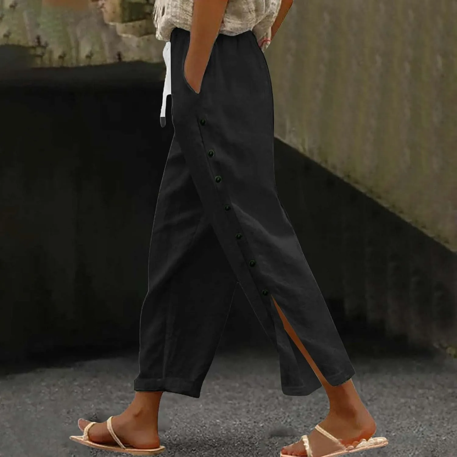 Capris Pants for Women Cotton Linen Summer Casual Cropped Pant Button Drawstring Beach Travel Trousers with Pocket