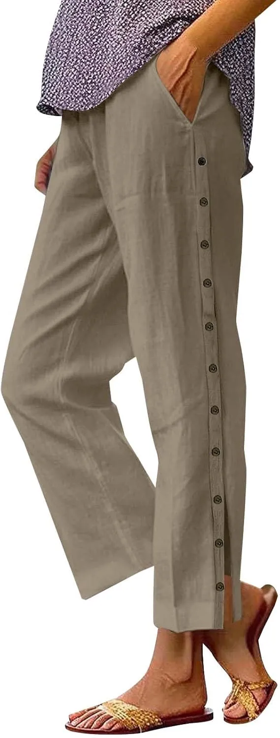 Capris Pants for Women Cotton Linen Summer Casual Cropped Pant Button Drawstring Beach Travel Trousers with Pocket